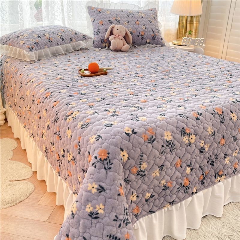 Set de cuvertură de pat din catifea de lapte, trei piese, fibre cu proteine de lapte, stil prințesă, model plante și flori, lenjerie de pat de nivel hotelier