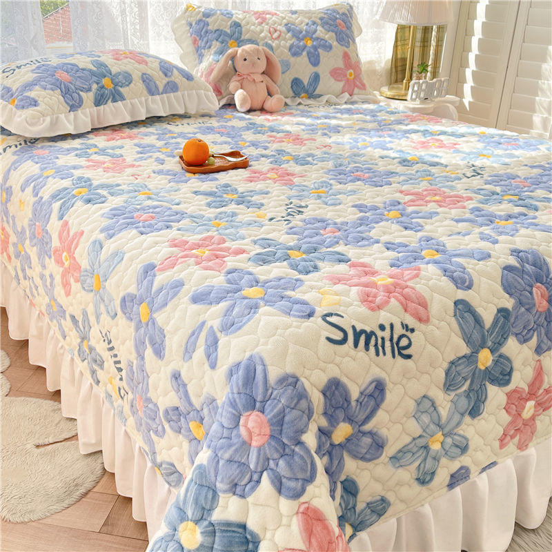 Set de cuvertură de pat din catifea de lapte, trei piese, fibre cu proteine de lapte, stil prințesă, model plante și flori, lenjerie de pat de nivel hotelier