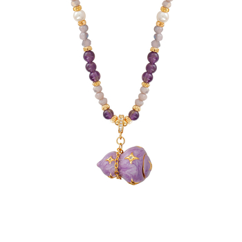 Colier cu pandantiv emailat în formă de dovleac, cupru, mărgele/kristale/pietre naturale, lanț tip pulover, lucrat manual cu placare, toamna 2025