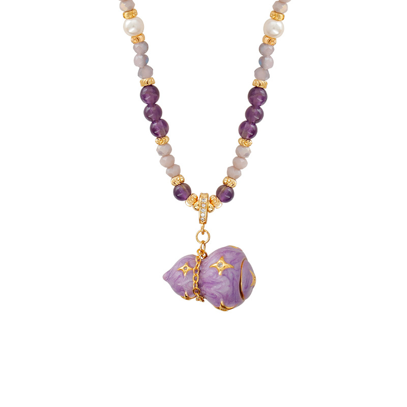 Colier cu pandantiv emailat în formă de dovleac, cupru, mărgele/kristale/pietre naturale, lanț tip pulover, lucrat manual cu placare, toamna 2025