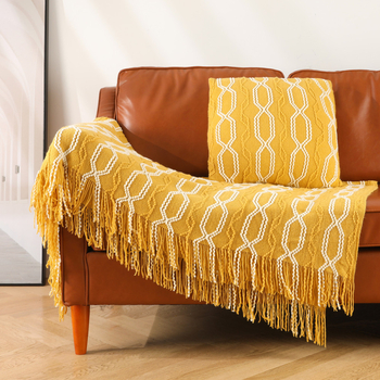 Kötött kanapé takaró skandináv stílusban, geometriai mintával, akril anyagú, 550 g, tavasz–őszre alkalmas