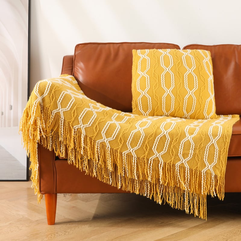 Kötött kanapé takaró skandináv stílusban, geometriai mintával, akril anyagú, 550 g, tavasz–őszre alkalmas