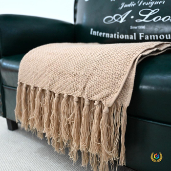 Cuvertură pentru marginea patului cu dungi diagonale și model os de pește, amestec de fibre, stil Nordic, 500–799 g, potrivit pentru orice sezon