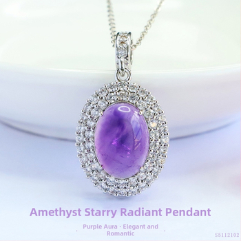 Μενταγιόν από αμέθυστο, χωρίς πλευρικούς λίθους, χάλκός με επικάλυψη ασημί, στυλ ήπιας πολυτελείας