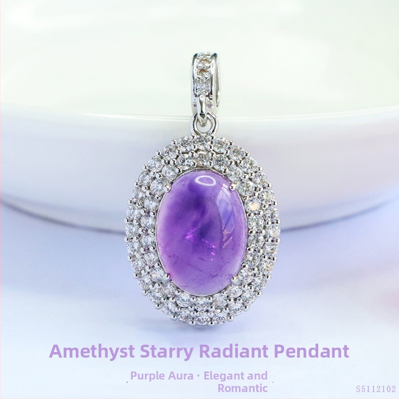 Μενταγιόν από αμέθυστο, χωρίς πλευρικούς λίθους, χάλκός με επικάλυψη ασημί, στυλ ήπιας πολυτελείας