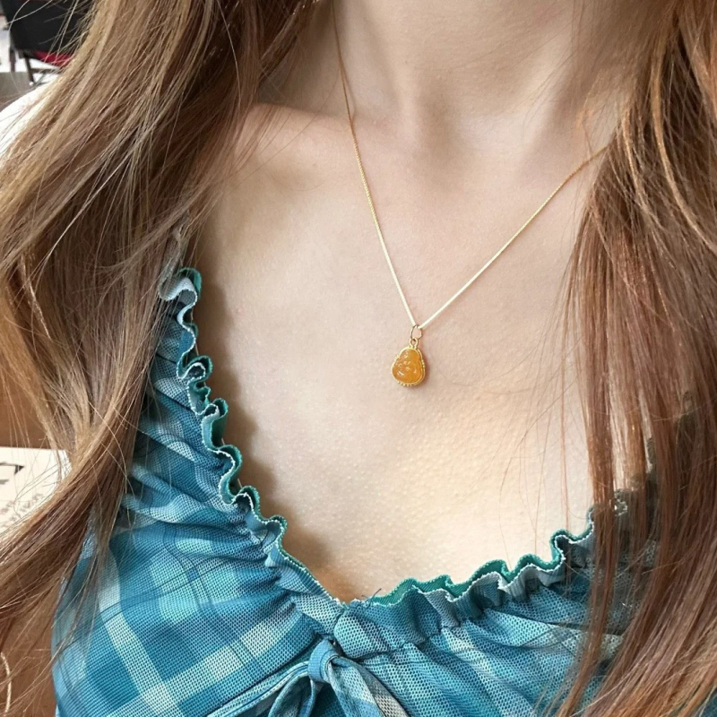 Nakit od srebra 925 s kutijom lančem, prirodni jantar, mini Buddha privjesak, kineski stil, umjetnički vintage
