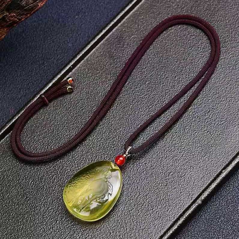 Citrin ovális medállal ellátott nyaklánc, gravírozott, kínai stílus, irodalmi retro