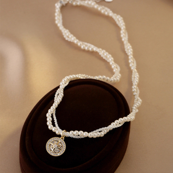 Colier pentru femei, lanț cu perle, multistrat, formă de stea, încrustare cu pietre mixte, cupru placat electrochimic, greutate 25 g