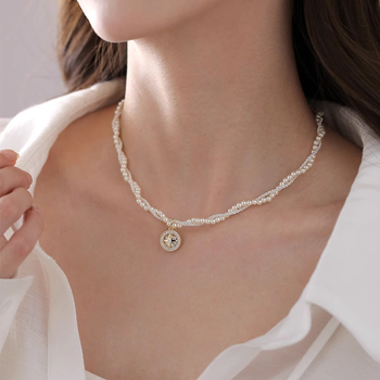 Colier pentru femei, lanț cu perle, multistrat, formă de stea, încrustare cu pietre mixte, cupru placat electrochimic, greutate 25 g