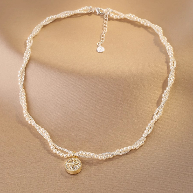 Colier pentru femei, lanț cu perle, multistrat, formă de stea, încrustare cu pietre mixte, cupru placat electrochimic, greutate 25 g