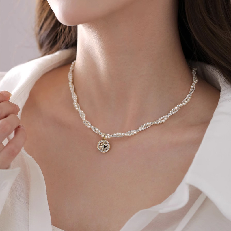 Colier pentru femei, lanț cu perle, multistrat, formă de stea, încrustare cu pietre mixte, cupru placat electrochimic, greutate 25 g