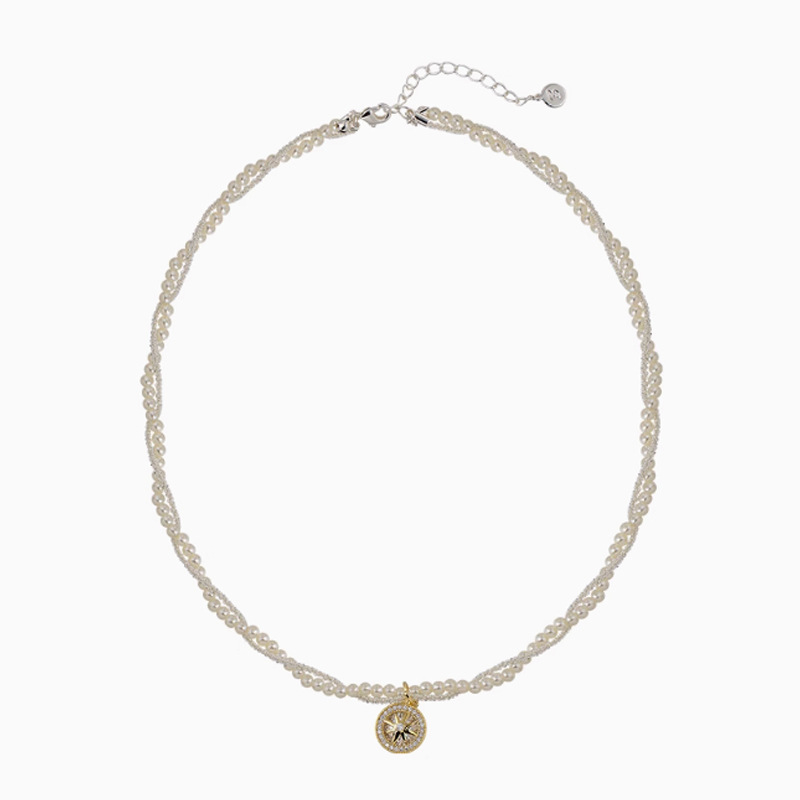 Colier pentru femei, lanț cu perle, multistrat, formă de stea, încrustare cu pietre mixte, cupru placat electrochimic, greutate 25 g