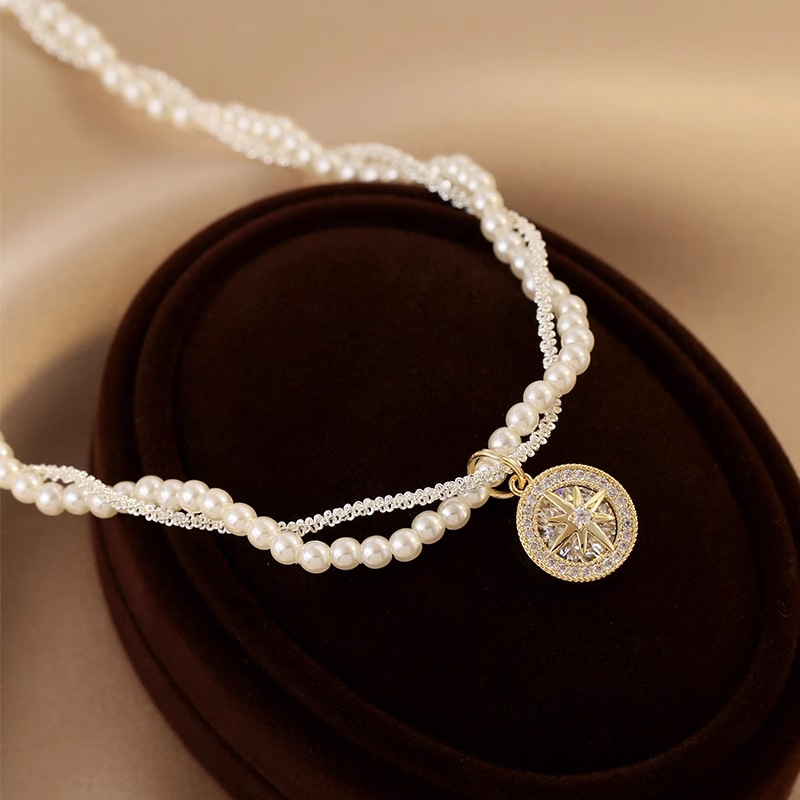 Colier pentru femei, lanț cu perle, multistrat, formă de stea, încrustare cu pietre mixte, cupru placat electrochimic, greutate 25 g