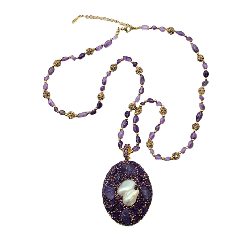 Ametiszt kristályos nyaklánc, gyémántkezelés, geometrikus stílus, oldalsó lánc, súly 50 g