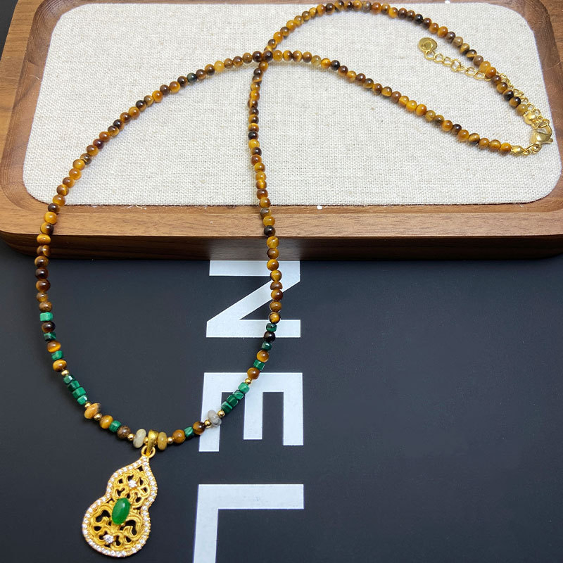 Réz alapú nyaklánc aranyozott felülettel, U alakú medál, gyöngyös lánc, nők számára