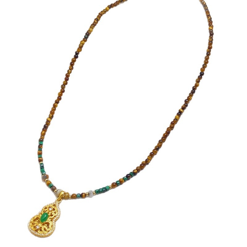 Réz alapú nyaklánc aranyozott felülettel, U alakú medál, gyöngyös lánc, nők számára