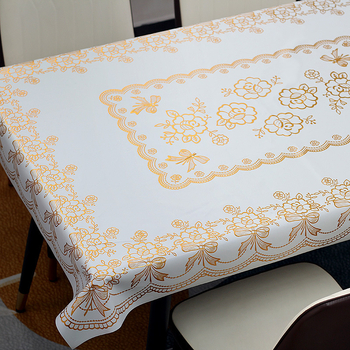 Față de masă, stil european din PVC cu folie bronzată, dreptunghiulară, impermeabilă, model plante și flori