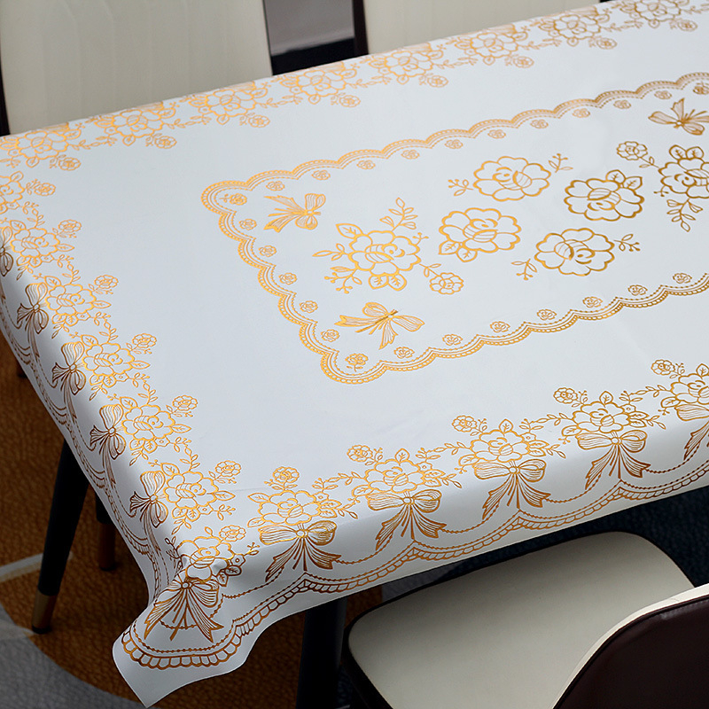 Față de masă, stil european din PVC cu folie bronzată, dreptunghiulară, impermeabilă, model plante și flori