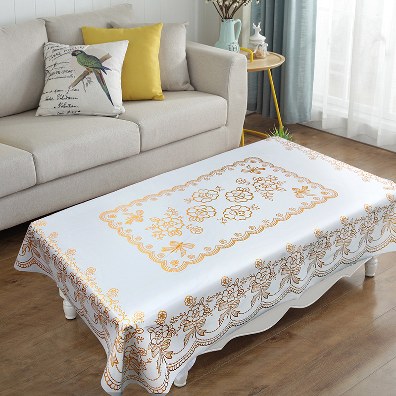 Față de masă, stil european din PVC cu folie bronzată, dreptunghiulară, impermeabilă, model plante și flori