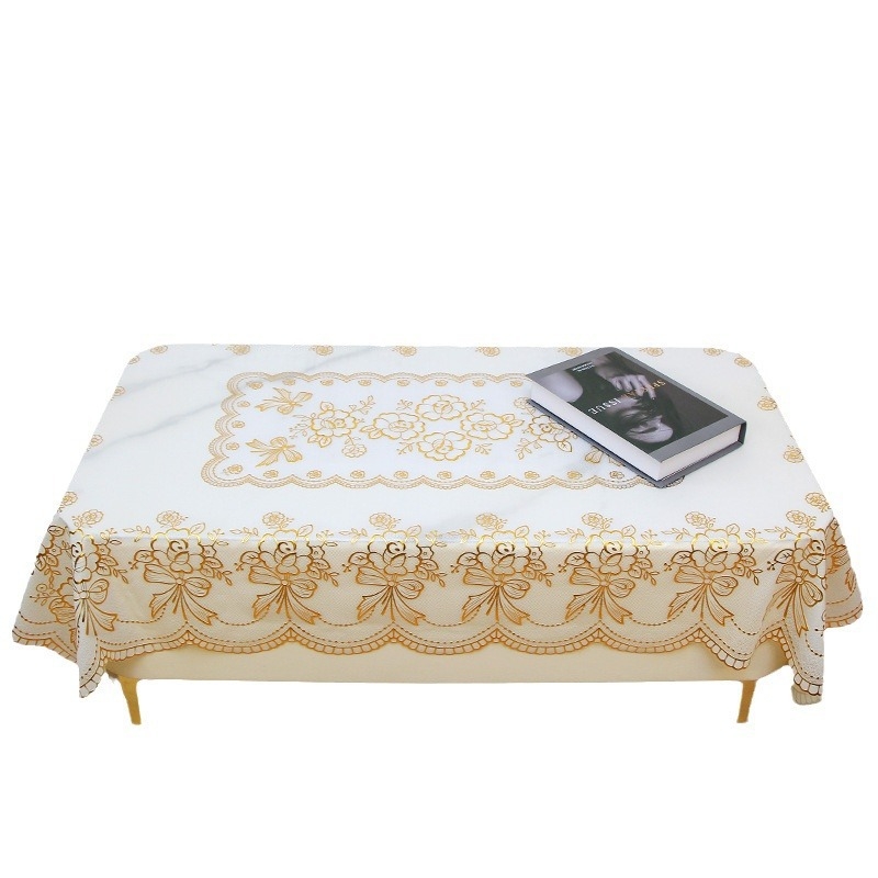 Față de masă, stil european din PVC cu folie bronzată, dreptunghiulară, impermeabilă, model plante și flori