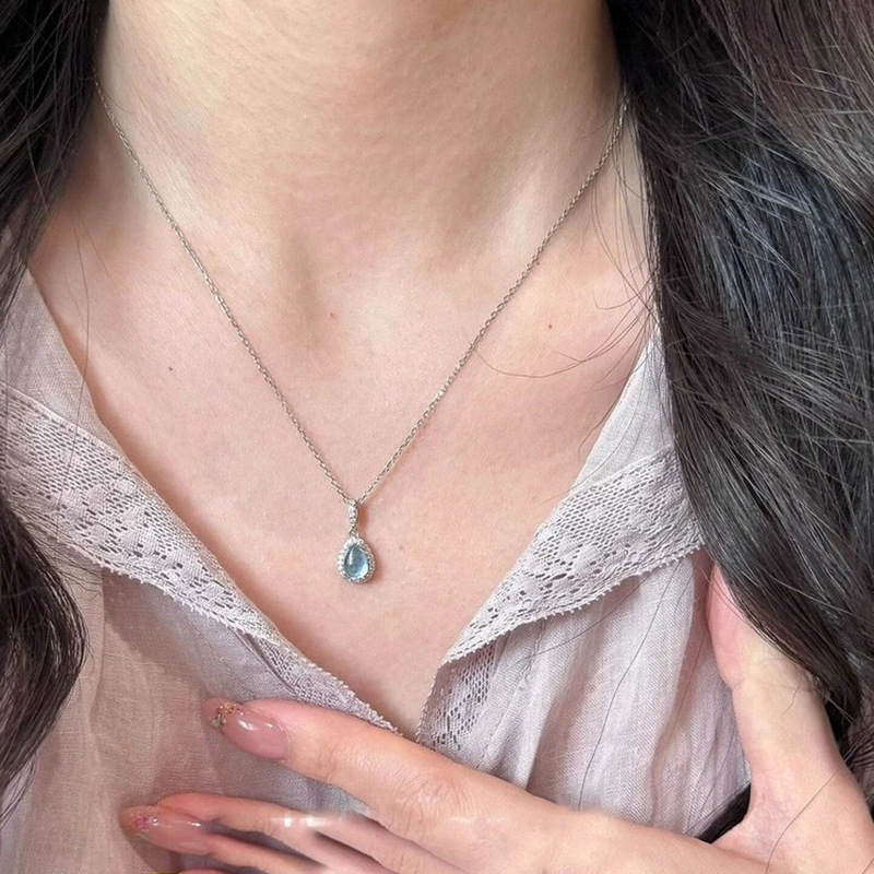 Colier din oțel inoxidabil cu pandant din cupru, prelucrare cu zirconiu, formă de picătură, lanț clavicular