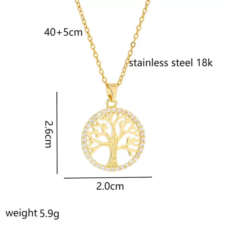 Colier cu Pomul Vieții, pandantiv rotund gol, din oțel titan, placare 18k vid, anti-alergic, lanț în formă de O