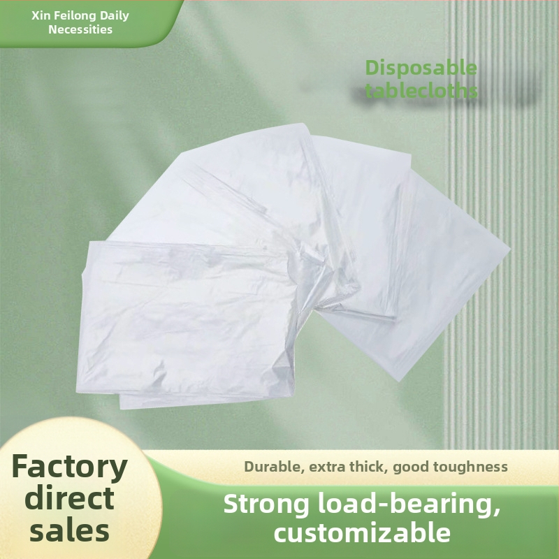 Egyszer használatos PE műanyag asztalterítő, vastagság 0.7–0.8, egylemeznyi és összecsukható, téglalap alakú, egyszerű szövés.