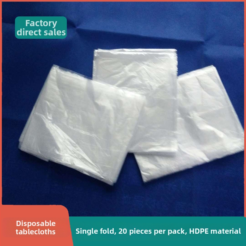 Egyszer használatos PE műanyag asztalterítő, vastagság 0.7–0.8, egylemeznyi és összecsukható, téglalap alakú, egyszerű szövés.