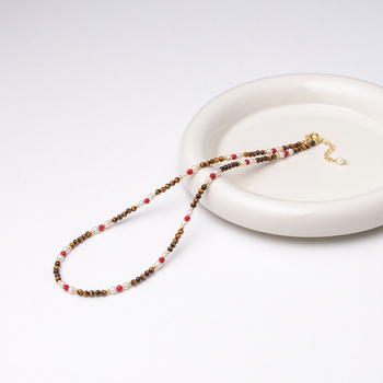 Kézzel készített aranyozott réz tigroszem medálos nyaklánc gyöngyös lánccal, geometriai dizájn, hossz 31-40 cm, nőknek