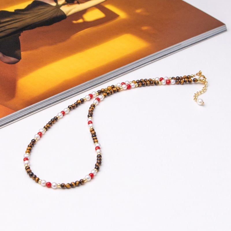 Kézzel készített aranyozott réz tigroszem medálos nyaklánc gyöngyös lánccal, geometriai dizájn, hossz 31-40 cm, nőknek