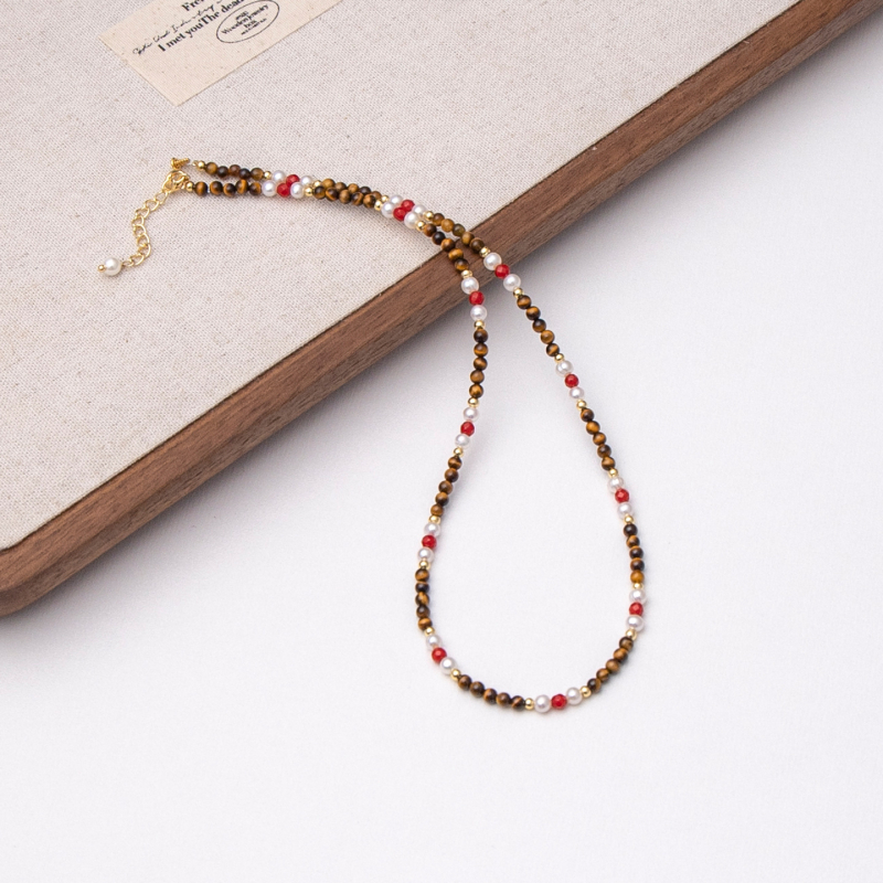 Kézzel készített aranyozott réz tigroszem medálos nyaklánc gyöngyös lánccal, geometriai dizájn, hossz 31-40 cm, nőknek