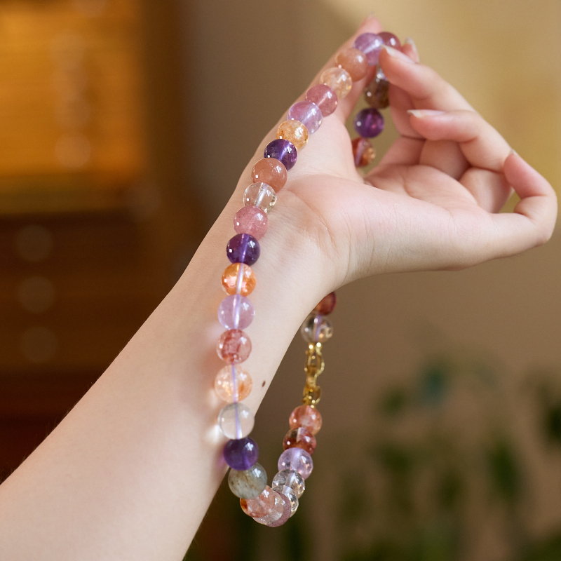 Ogrlica od prirodnog kristala Super Seven ametist, za žene, pozlata, okrugle perle, običan lanac, 80 g