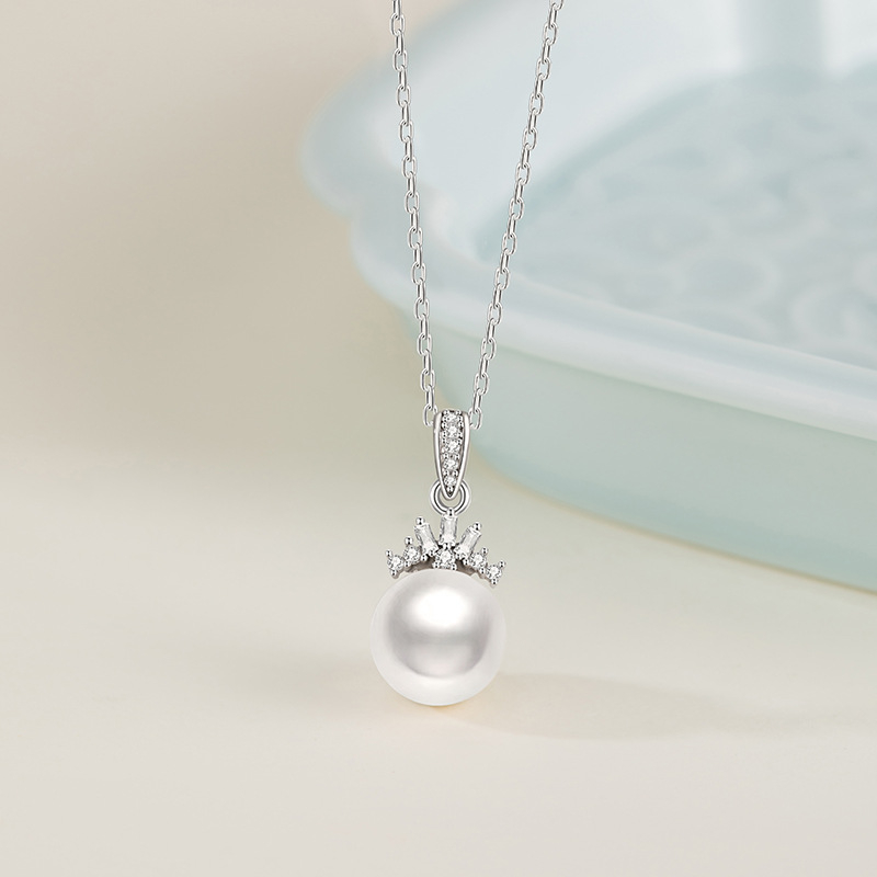 925 ezüst kollektív 925 ezüst nyaklánc természetes édesvízi gyöngyökkel, korona cirkón medállal, kereszt alakú lánc, elektroplattázás, könnyű luxus stílus