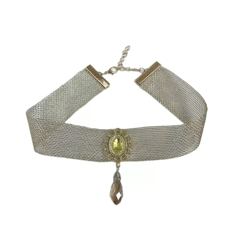 Kulcscsont-nyaklánc, csepp alakú szintetikus kristály medállal, elektroplattázott felülettel, vintage stílus