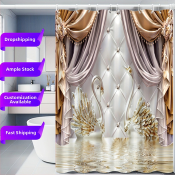 Gulbis dušas aizkars četrdaļīgs komplekts – poliesters, mūsdienīgs minimālisma stils, pielāgojams pēc zīmējuma, logotipa druka pēc izvēles