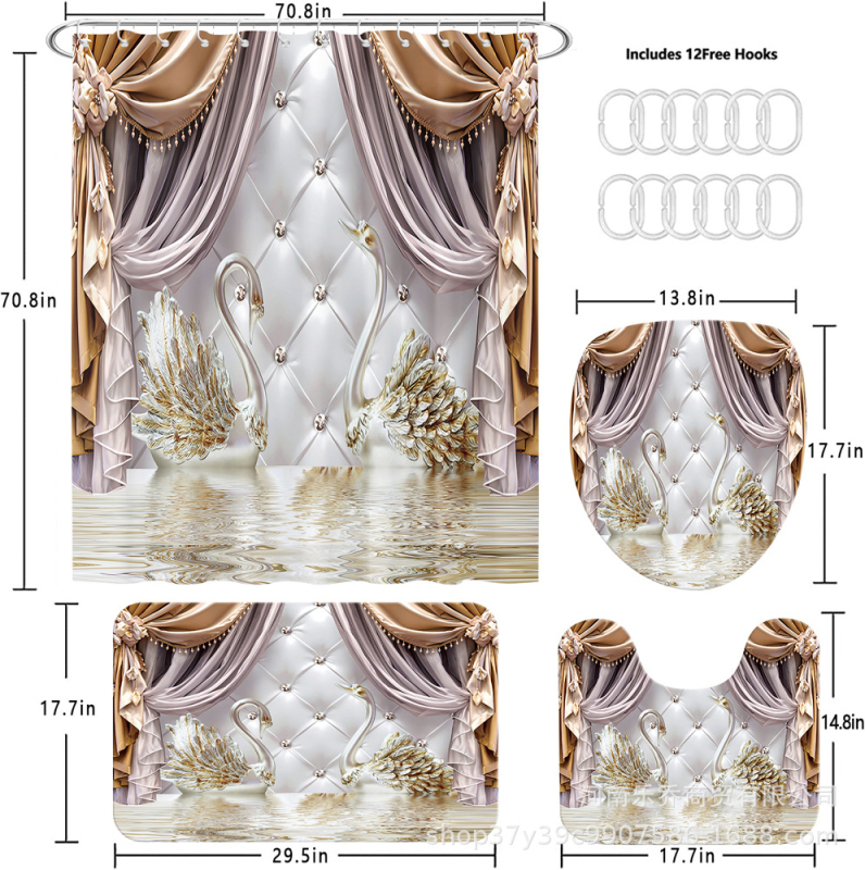 Gulbis dušas aizkars četrdaļīgs komplekts – poliesters, mūsdienīgs minimālisma stils, pielāgojams pēc zīmējuma, logotipa druka pēc izvēles