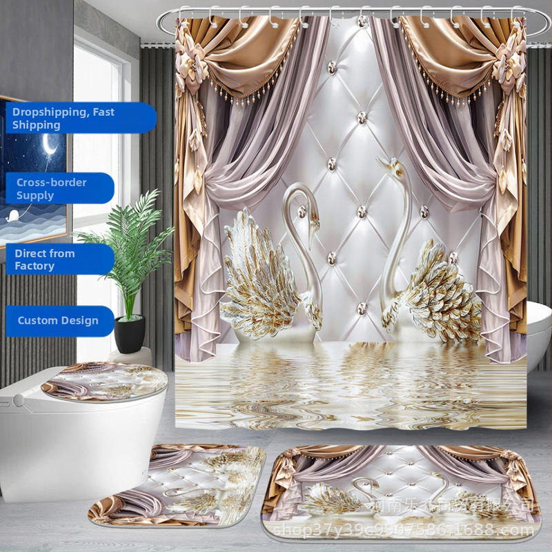 Gulbis dušas aizkars četrdaļīgs komplekts – poliesters, mūsdienīgs minimālisma stils, pielāgojams pēc zīmējuma, logotipa druka pēc izvēles