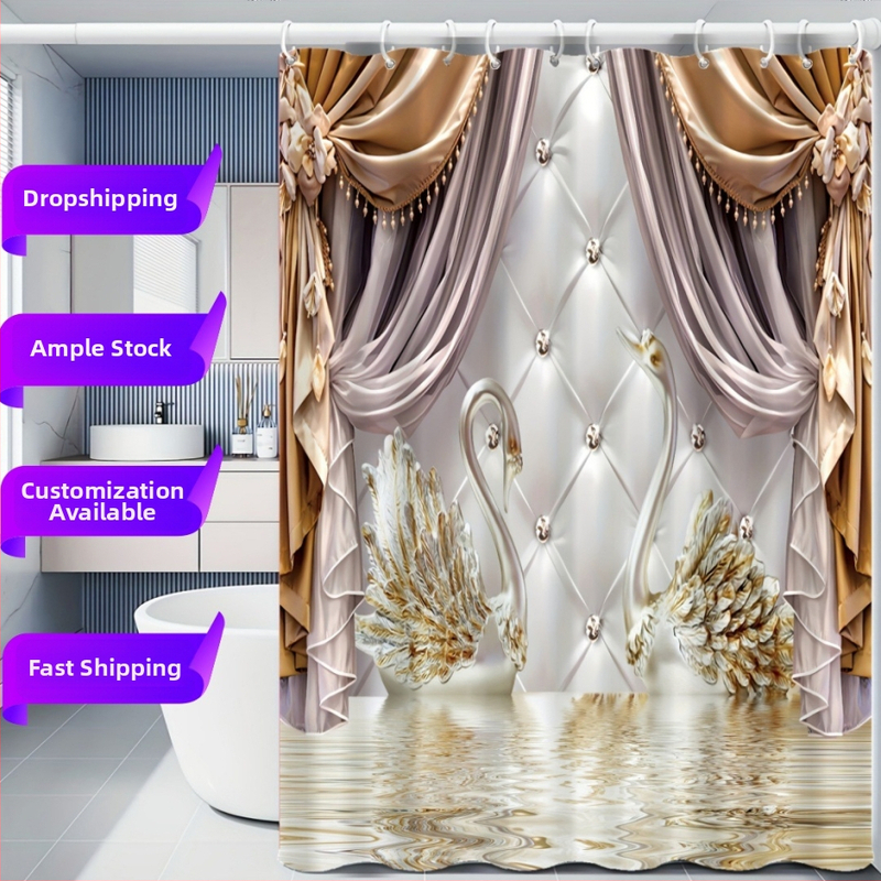 Gulbis dušas aizkars četrdaļīgs komplekts – poliesters, mūsdienīgs minimālisma stils, pielāgojams pēc zīmējuma, logotipa druka pēc izvēles