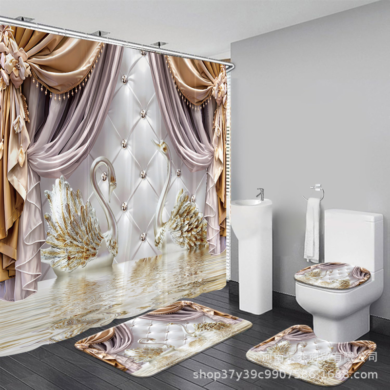 Gulbis dušas aizkars četrdaļīgs komplekts – poliesters, mūsdienīgs minimālisma stils, pielāgojams pēc zīmējuma, logotipa druka pēc izvēles