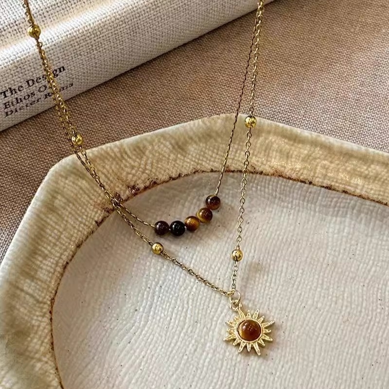 Višeslojni ogrlica sa suncokretom i tigrovim okom za žene, legura, klasični lanac, stil slojevanja, proljeće 2024