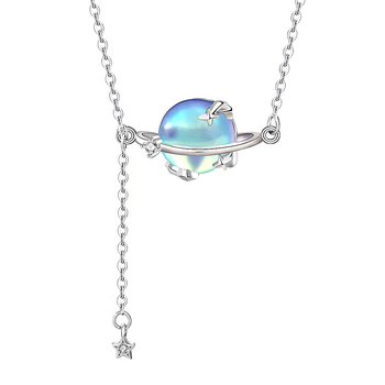 Colier cu piatră lunară din argint 925, pandantiv piatră lunară, lanț încrucișat, greutate aproximativă 2,5 g, stil Mori