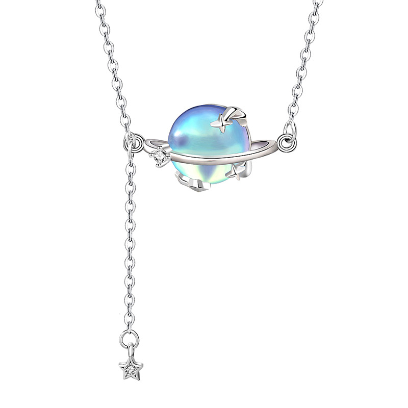Colier cu piatră lunară din argint 925, pandantiv piatră lunară, lanț încrucișat, greutate aproximativă 2,5 g, stil Mori