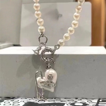 Colier cu pandantiv inimă și lanț cu perle, cupru, cristal artificial, lungime 41–50 cm, stil lux lejer