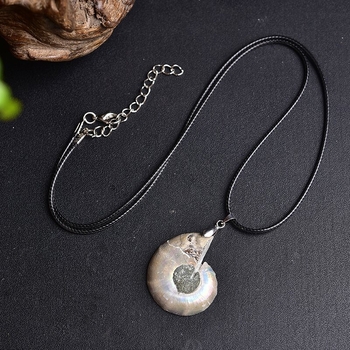 Természetes csigafoszília és ammonit szeletével készült medálos nyaklánc, kristályos ásvány, modern minimalista stílus