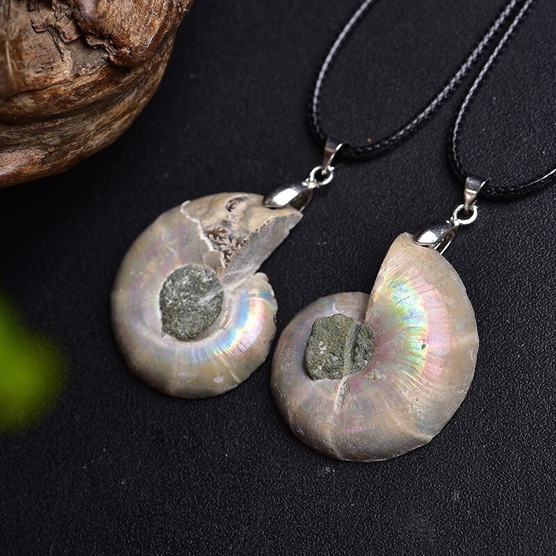 Természetes csigafoszília és ammonit szeletével készült medálos nyaklánc, kristályos ásvány, modern minimalista stílus