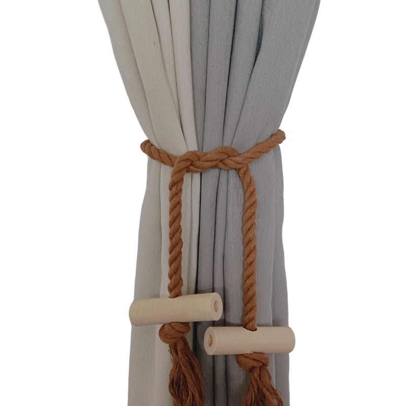 Pamut- és lenanyagú függönykötő fa hordóval, modern minimalista stílus, állítható