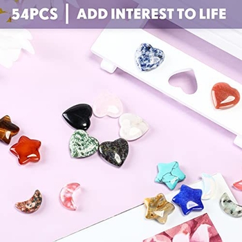 54 gab. rozā kvarca kristāla ornamentu komplekts ar zvaigznīšu un mēness motīviem, 3–4 g katram