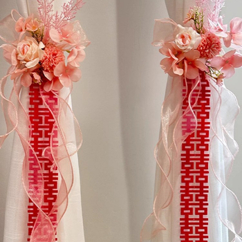 Esküvői szobai dekorációs készlet: gyapjúfonalból készült girland, Dupla Boldogság felirattal, nappali és hálószoba számára való függönykötők
