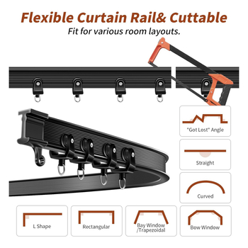Комплект извити завесни релси (метален; PVC релсов път; безшумно плъзгане; гъвкав; U-образна водач релса)