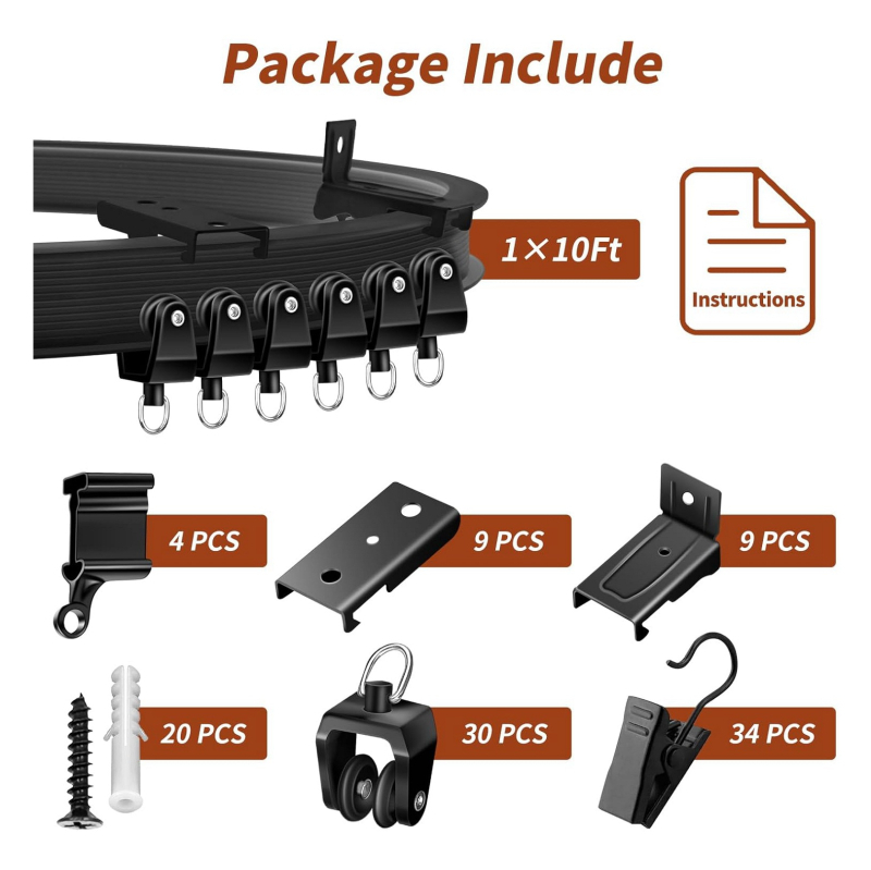 Комплект извити завесни релси (метален; PVC релсов път; безшумно плъзгане; гъвкав; U-образна водач релса)
